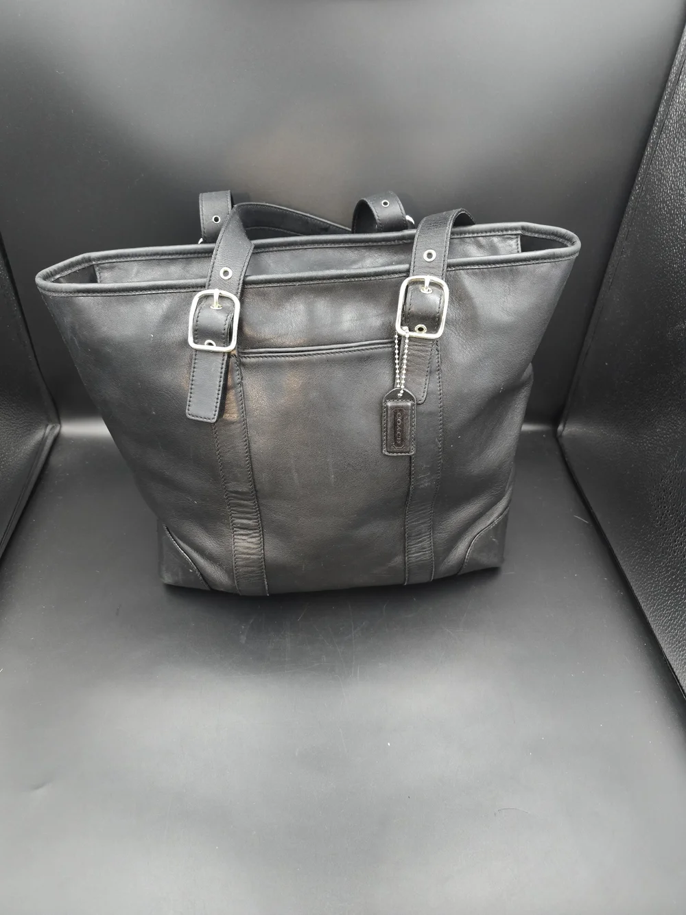 Coach Black Leather Tote with Buckle Straps